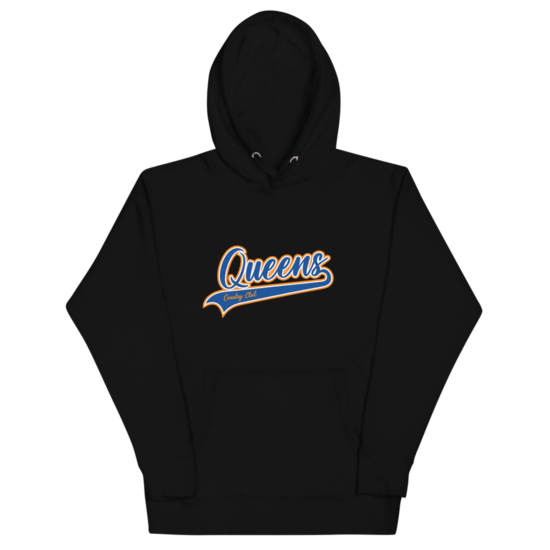 Black Queens Country Club hoodie featuring vintage script Queens logo on chest.