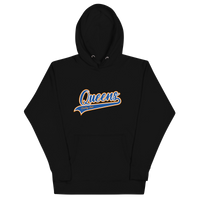 Black Queens Country Club hoodie featuring vintage script Queens logo on chest.