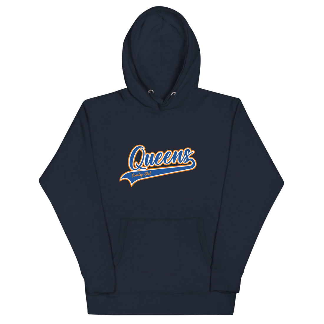 Navy Queens Country Club hoodie featuring vintage script Queens logo on chest.