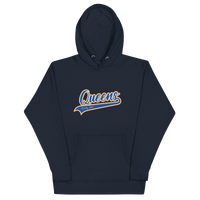 Navy Queens Country Club hoodie featuring vintage script Queens logo on chest.
