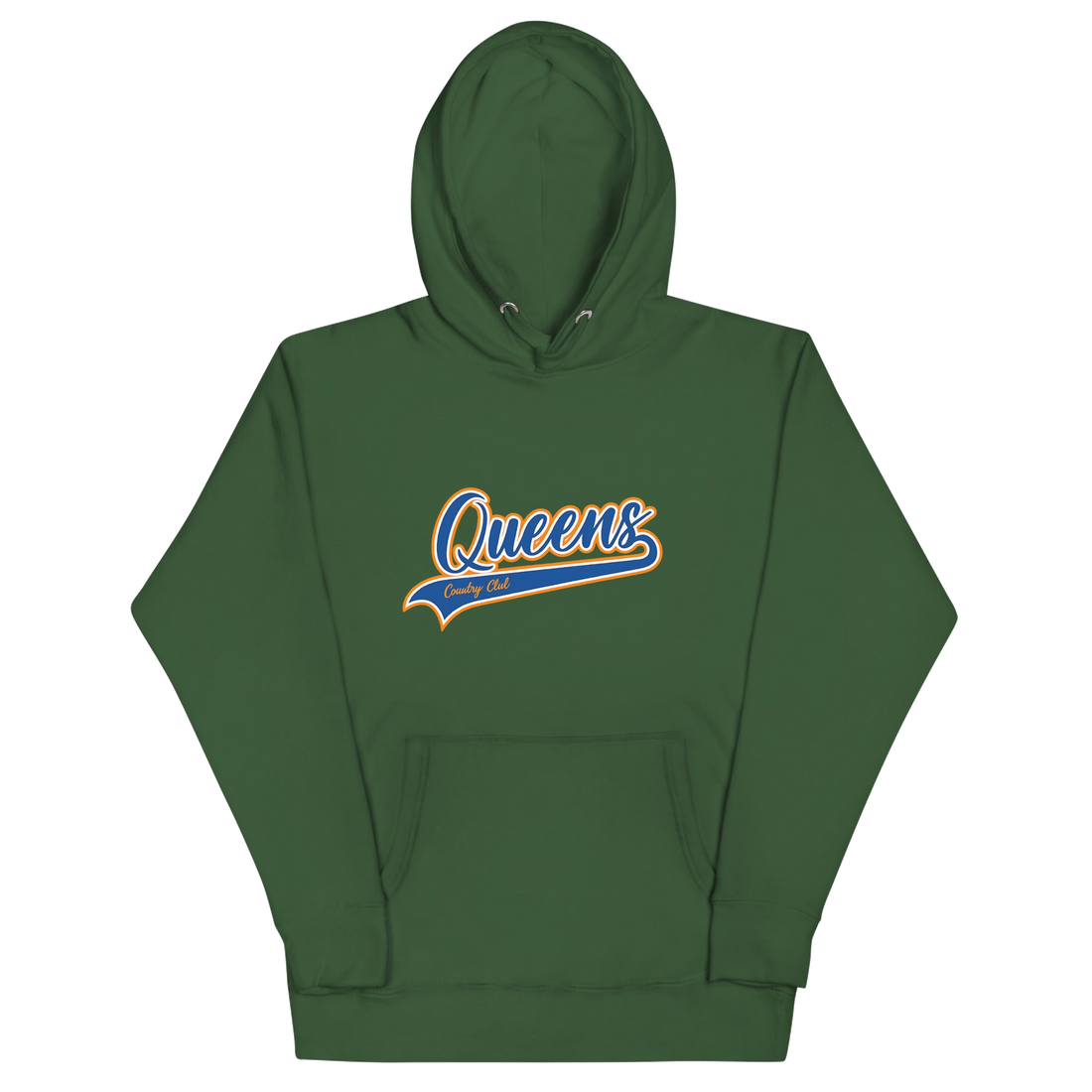 Green Queens Country Club hoodie featuring vintage script Queens logo on chest.