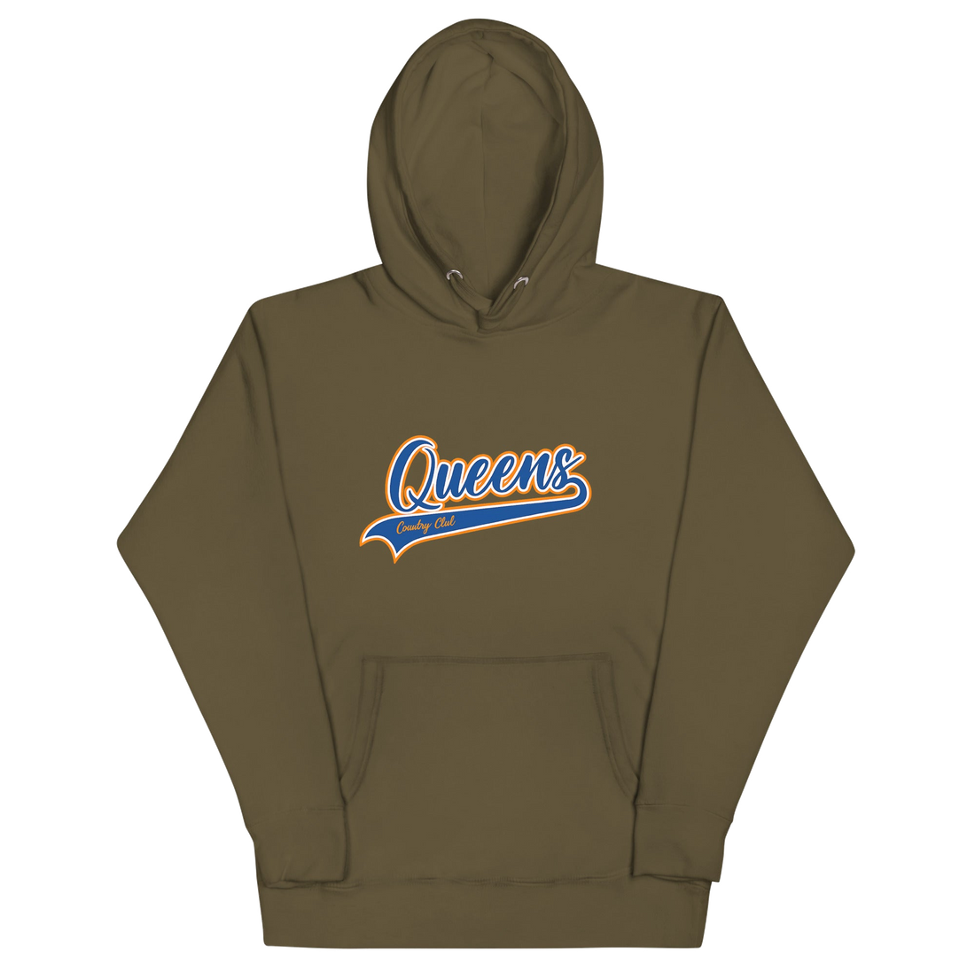 Military Green Queens Country Club hoodie featuring vintage script Queens logo on chest.