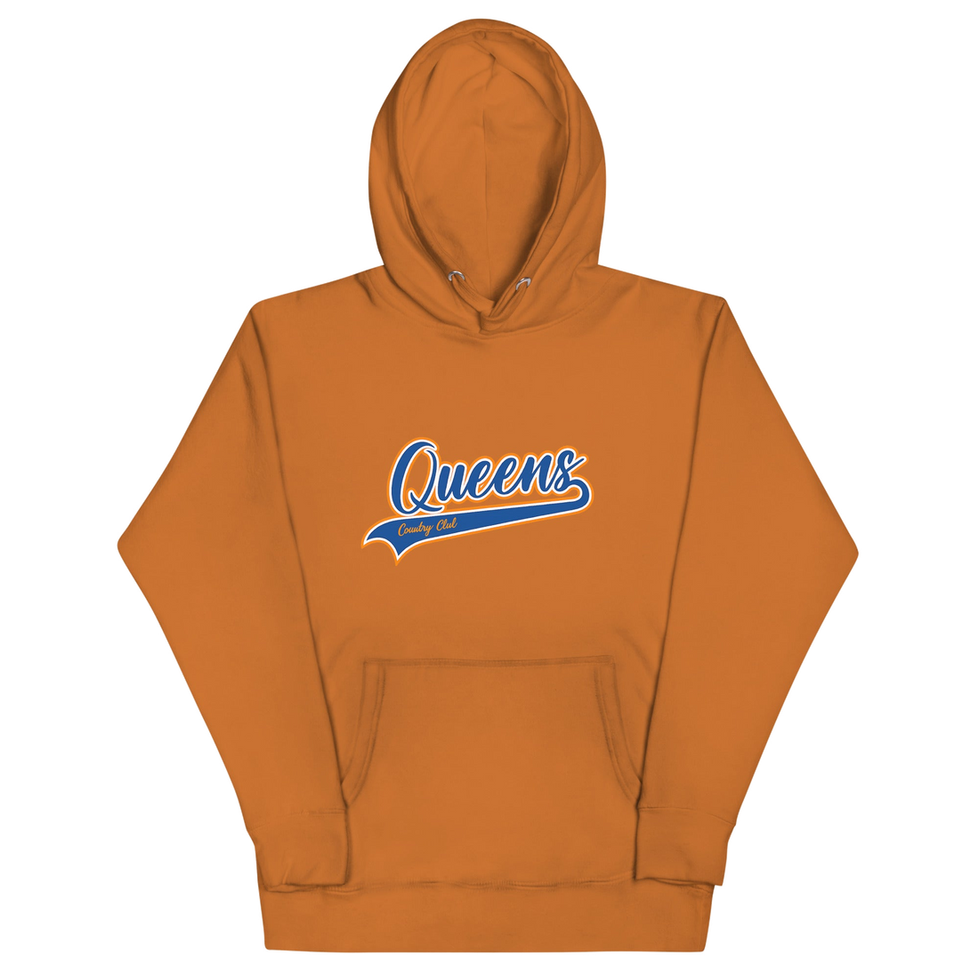 Adobe Queens Country Club hoodie featuring vintage script Queens logo on chest.