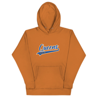 Adobe Queens Country Club hoodie featuring vintage script Queens logo on chest.
