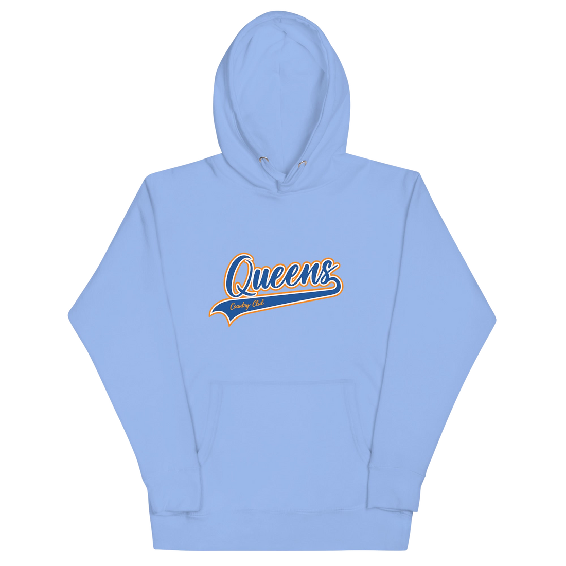 Carolina Blue Queens Country Club hoodie featuring vintage script Queens logo on chest.