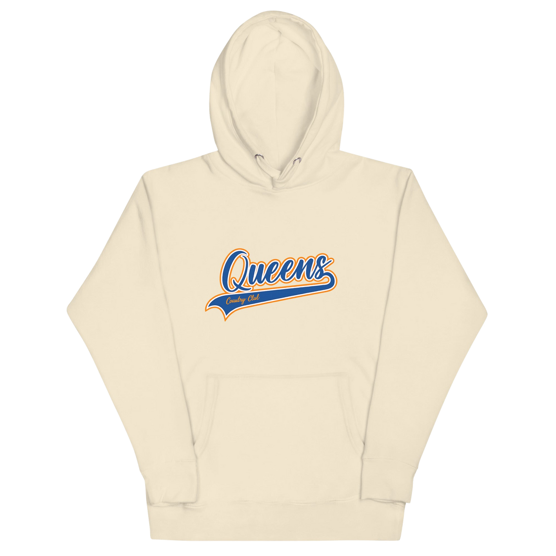 Bone Queens Country Club hoodie featuring vintage script Queens logo on chest.