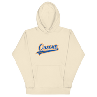 Bone Queens Country Club hoodie featuring vintage script Queens logo on chest.