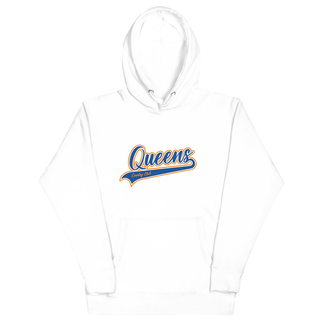 White Queens Country Club hoodie featuring vintage script Queens logo on chest.