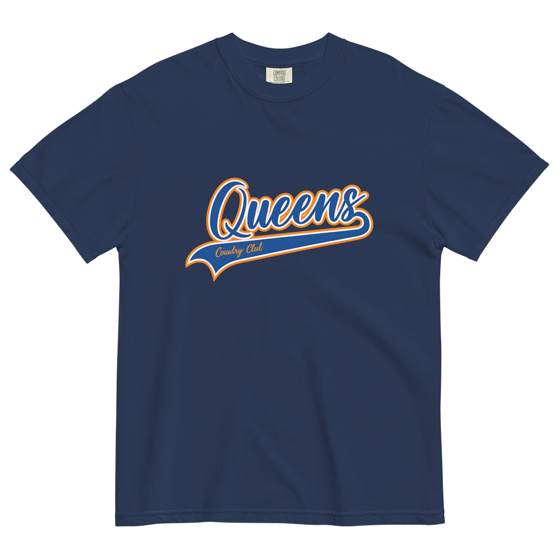 True Navy Queens Country Club T-shirt featuring vintage Queens script logo on the chest