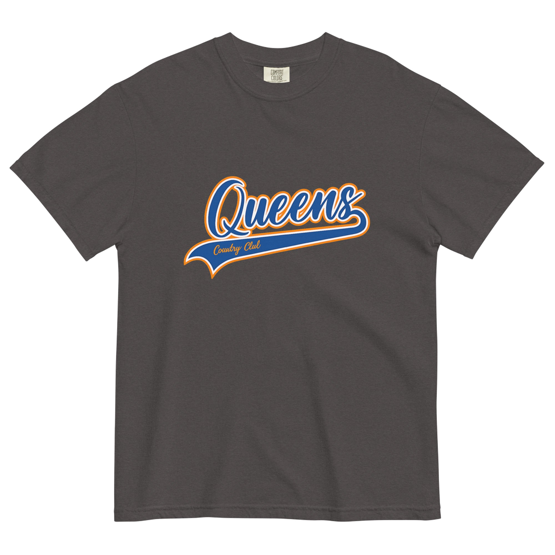 Graphite Queens Country Club T-shirt featuring vintage Queens script logo on the chest