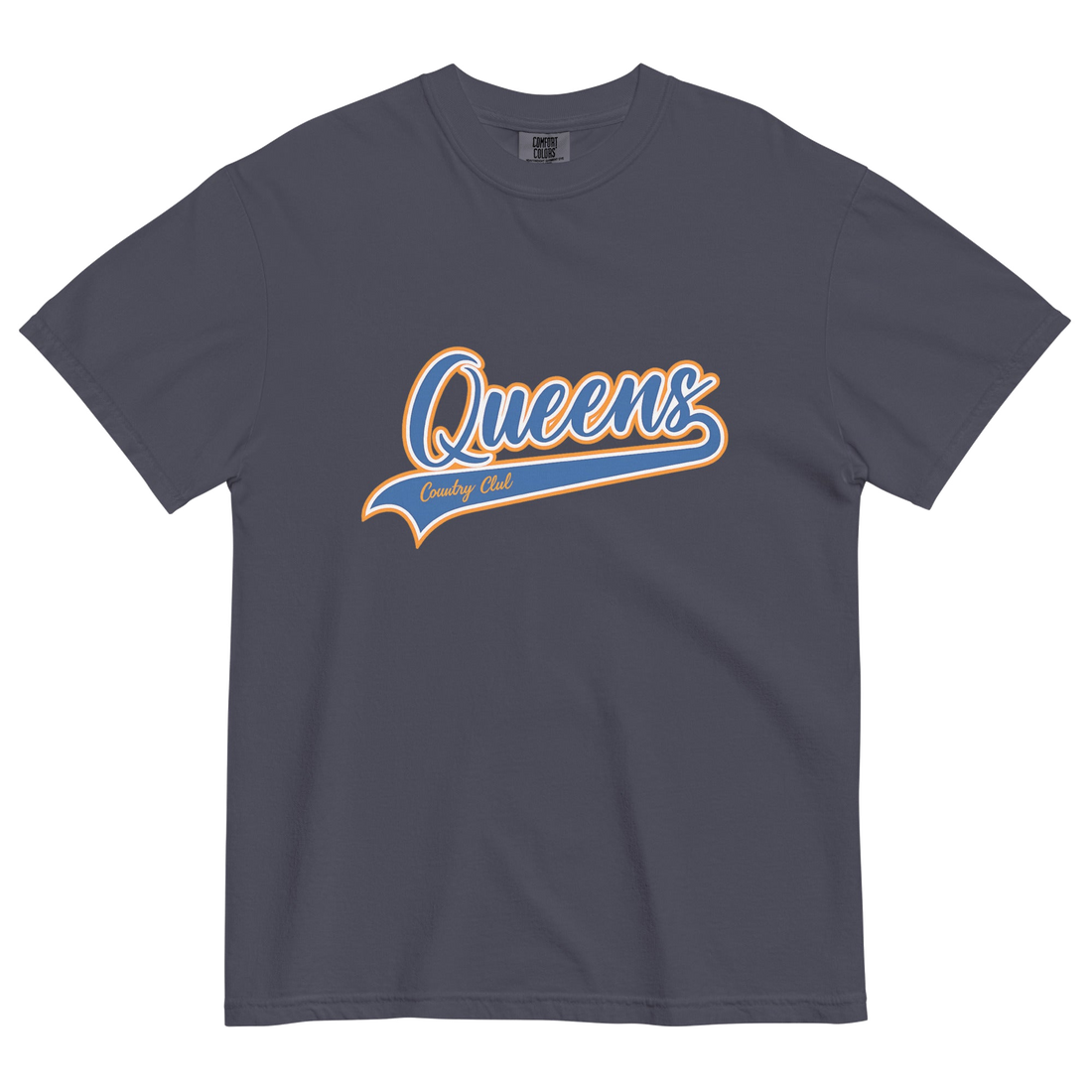 Navy Queens Country Club T-shirt featuring vintage Queens script logo on the chest