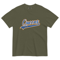Sage Queens Country Club T-shirt featuring vintage Queens script logo on the chest