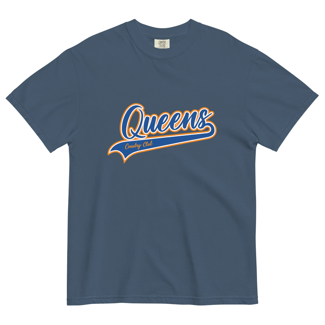 Midnight Queens Country Club T-shirt featuring vintage Queens script logo on the chest