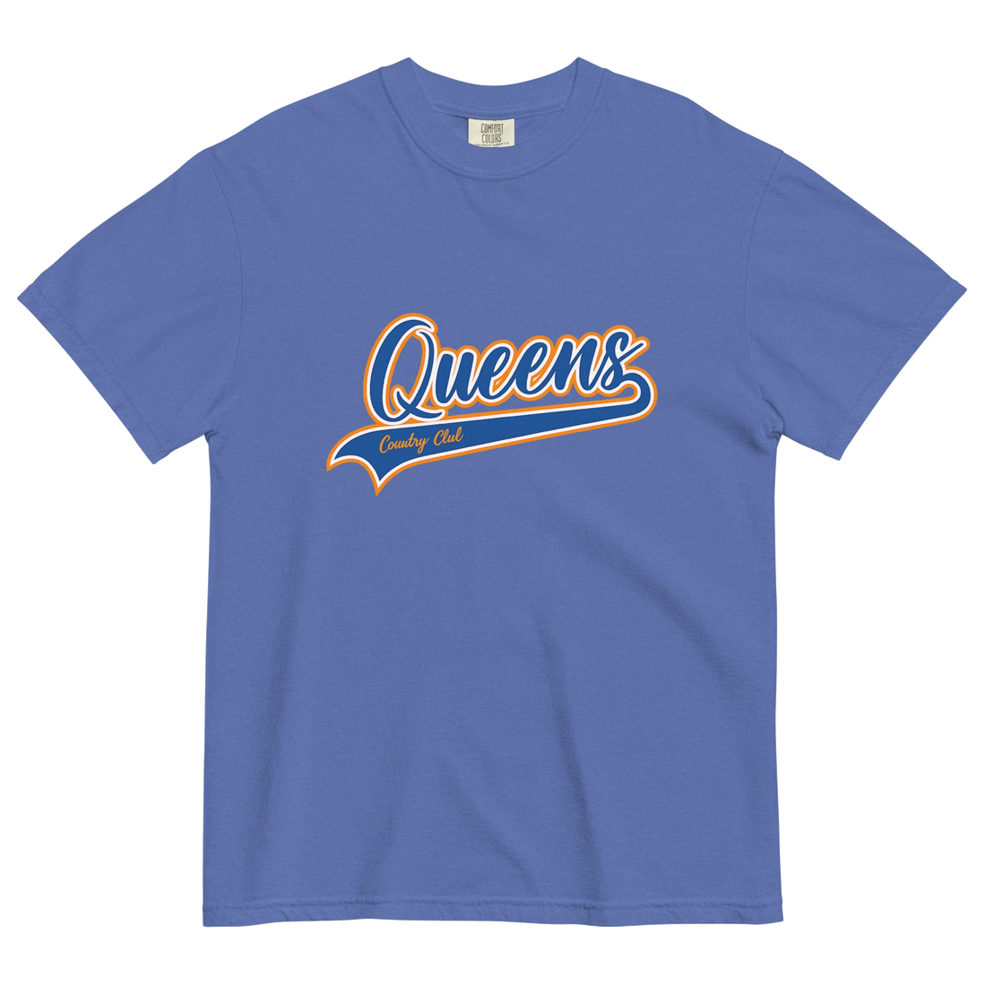 Mistic Blue Queens Country Club T-shirt featuring vintage Queens script logo on the chest