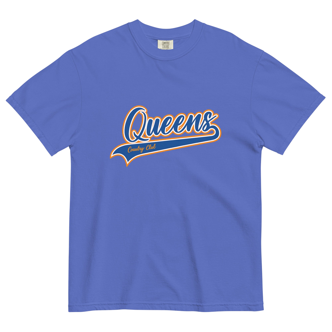 Flo Blue Queens Country Club T-shirt featuring vintage Queens script logo on the chest