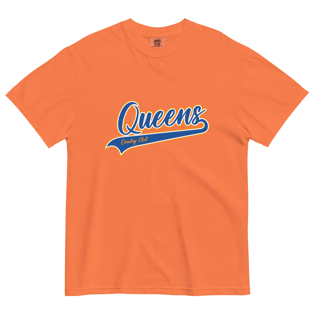 Burnt Orange Queens Country Club T-shirt featuring vintage Queens script logo on the chest