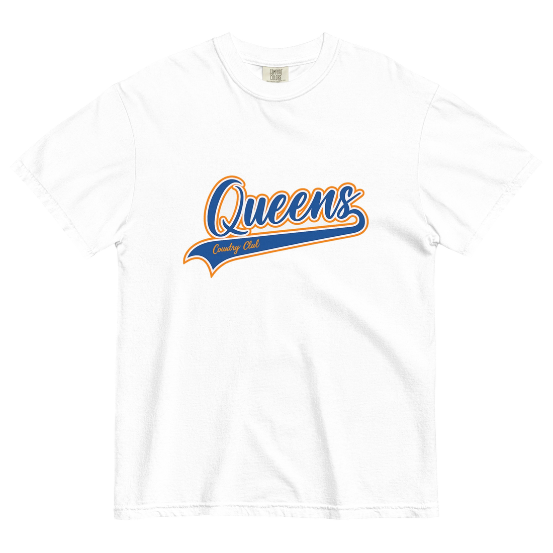 White Queens Country Club T-shirt featuring vintage Queens script logo on the chest