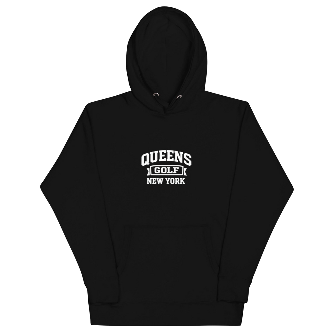 Queens Country Club Collegiate golf hoodie in Black with varsity QUEENS GOLF NEW YORK graphic