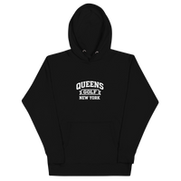 Queens Country Club Collegiate golf hoodie in Black with varsity QUEENS GOLF NEW YORK graphic