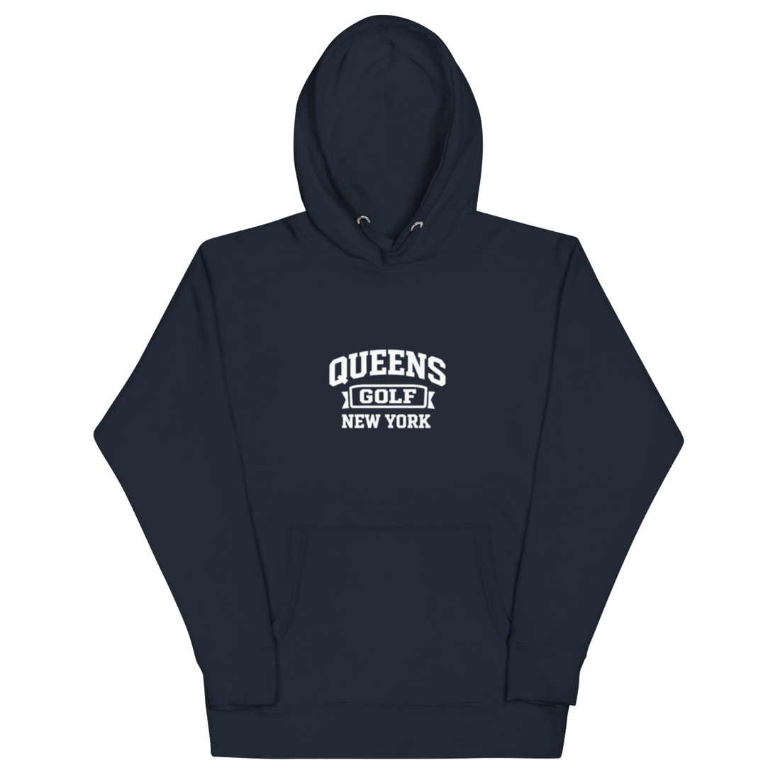 Queens Country Club Collegiate golf hoodie in Navy with varsity QUEENS GOLF NEW YORK graphic