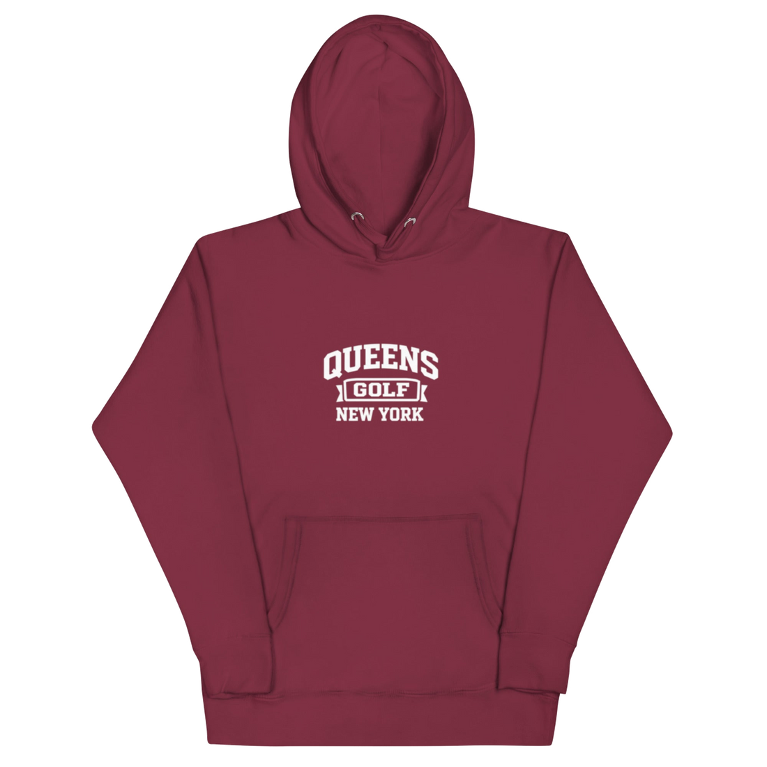 Queens Country Club Collegiate golf hoodie in Maroon with varsity QUEENS GOLF NEW YORK graphic