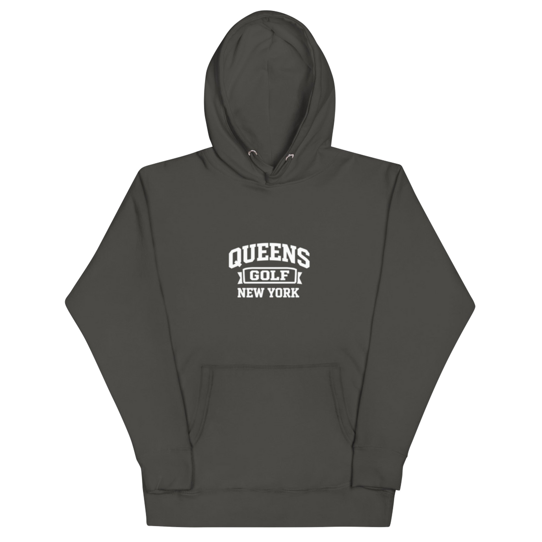 Queens Country Club Collegiate golf hoodie in Vintage Black with varsity QUEENS GOLF NEW YORK graphic