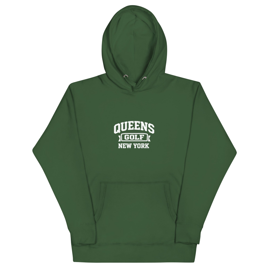 Queens Country Club Collegiate golf hoodie in Forest Green with varsity QUEENS GOLF NEW YORK graphic