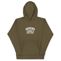 Queens Country Club Collegiate golf hoodie in Military Green with varsity QUEENS GOLF NEW YORK graphic