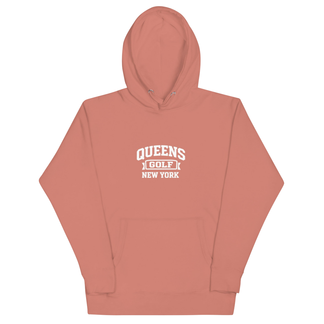 Queens Country Club Collegiate golf hoodie in Rose, front view with varsity QUEENS GOLF NEW YORK graphic