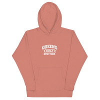Queens Country Club Collegiate golf hoodie in Rose, front view with varsity QUEENS GOLF NEW YORK graphic