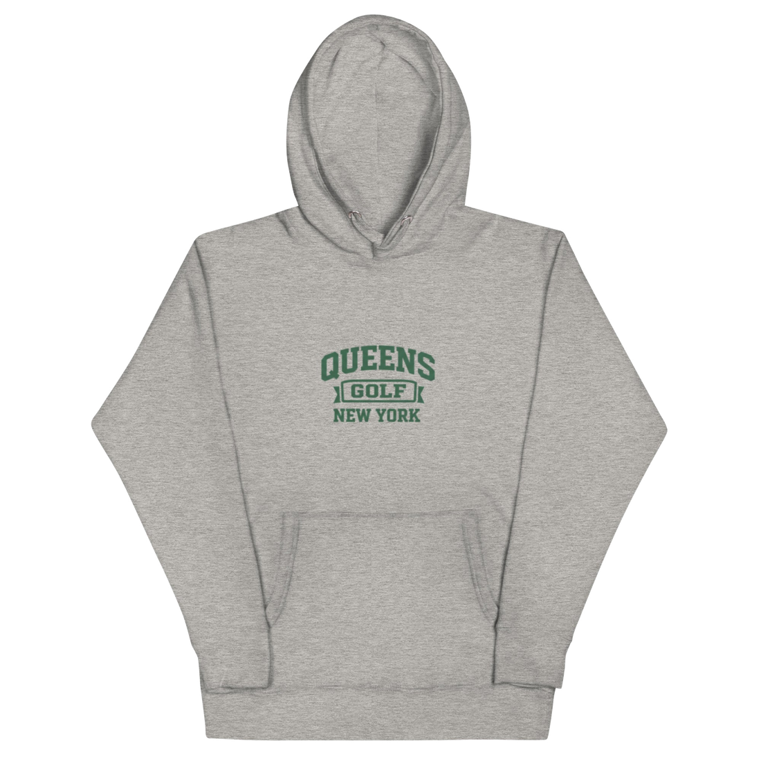 Queens Country Club Collegiate golf hoodie in Carbon Grey with varsity QUEENS GOLF NEW YORK graphic