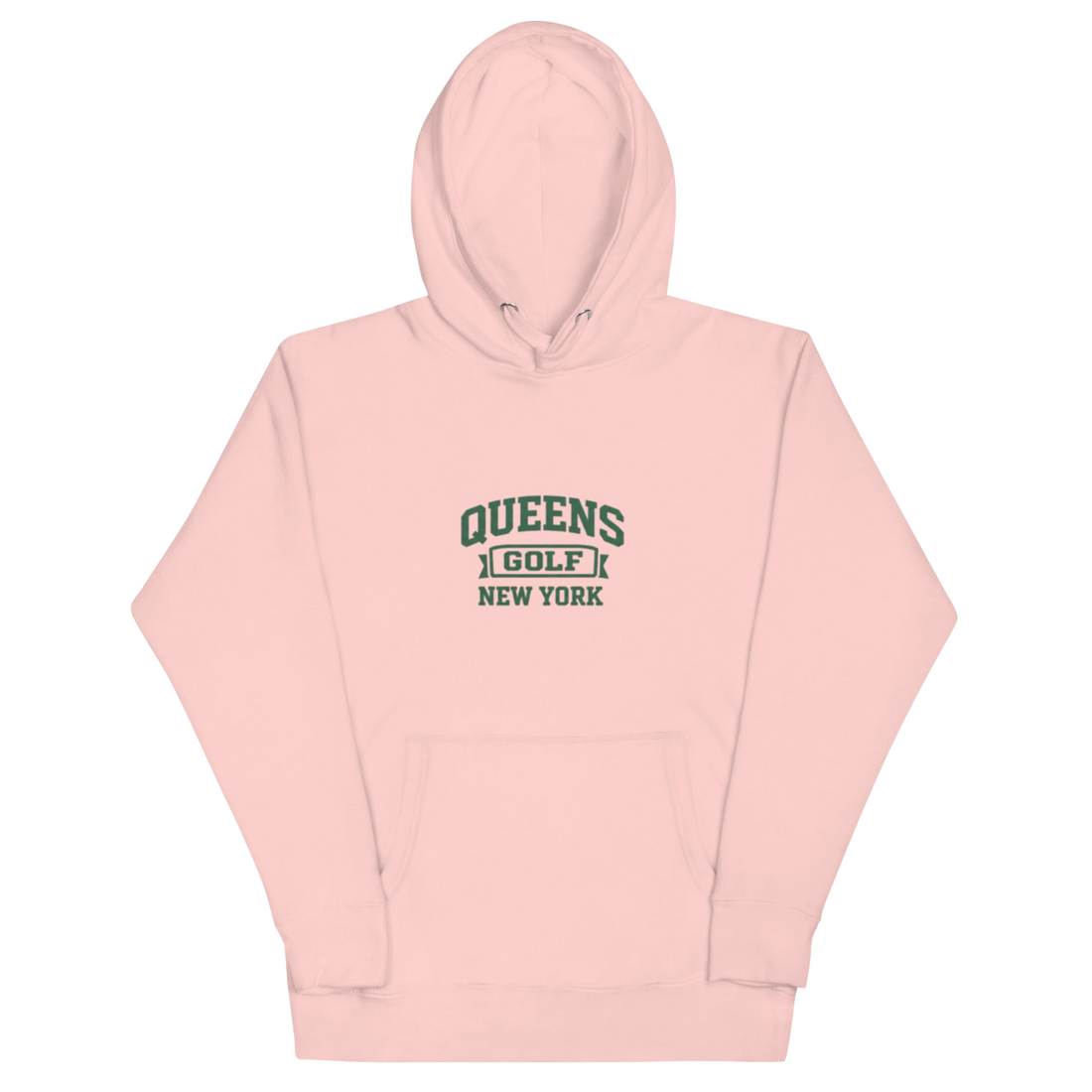 Queens Country Club Collegiate golf hoodie in Light Pink with varsity QUEENS GOLF NEW YORK graphic