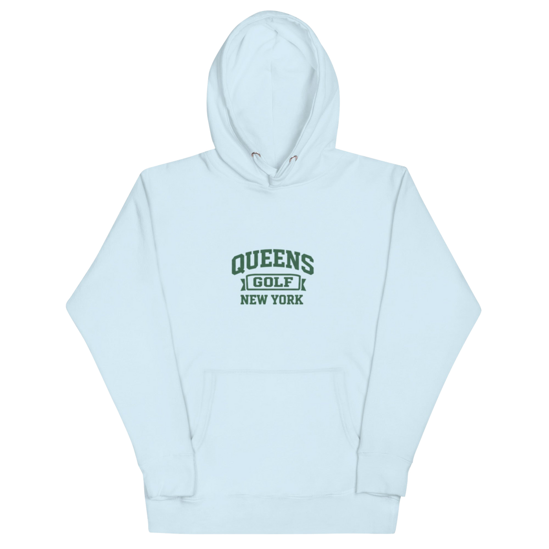 Queens Country Club Collegiate golf hoodie in Sky Blue with varsity QUEENS GOLF NEW YORK graphic