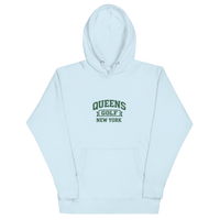 Queens Country Club Collegiate golf hoodie in Sky Blue with varsity QUEENS GOLF NEW YORK graphic