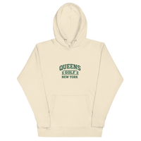 Queens Country Club Collegiate golf hoodie in Bone with varsity QUEENS GOLF NEW YORK graphic