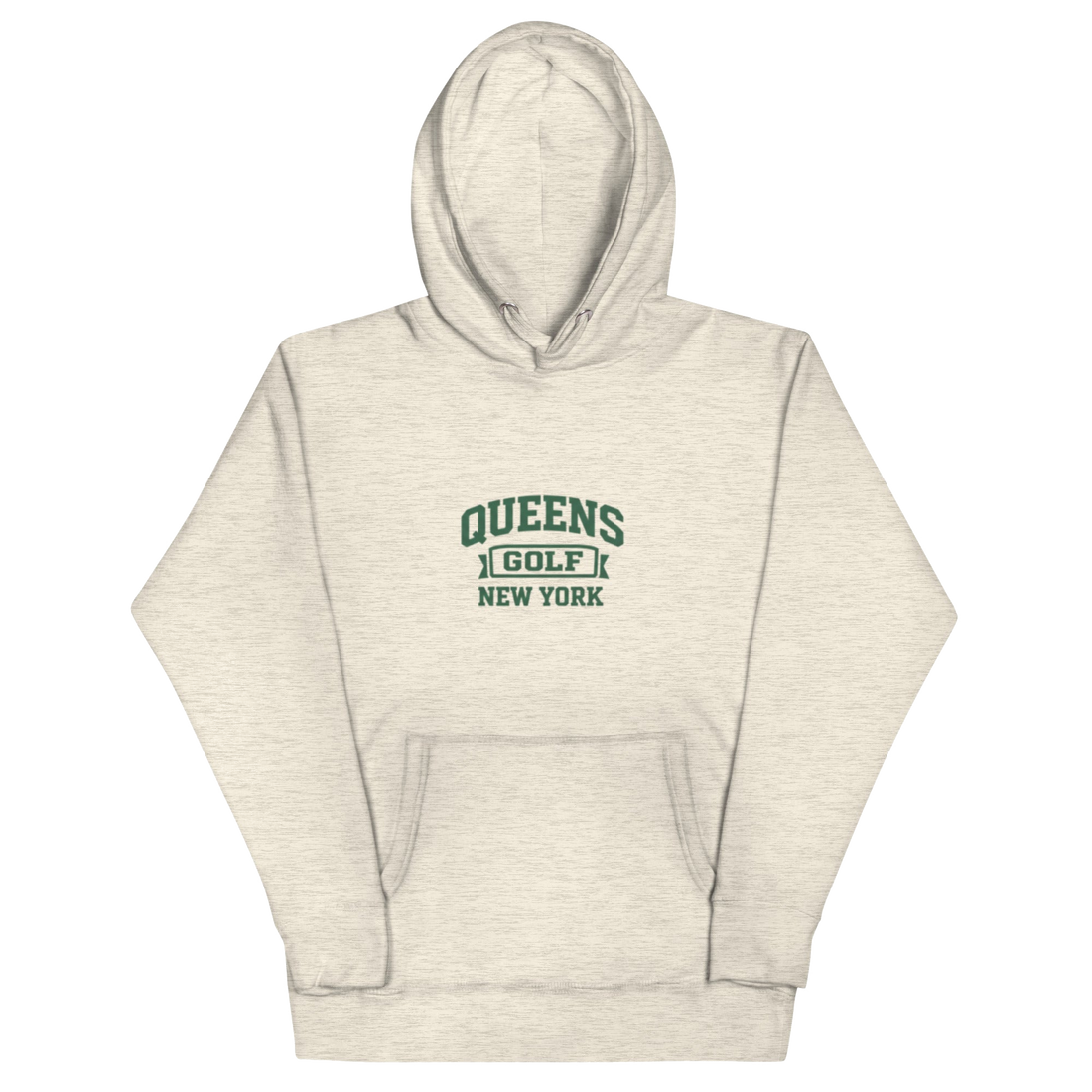 Queens Country Club Collegiate golf hoodie in Oatmeal Heather with varsity QUEENS GOLF NEW YORK graphic