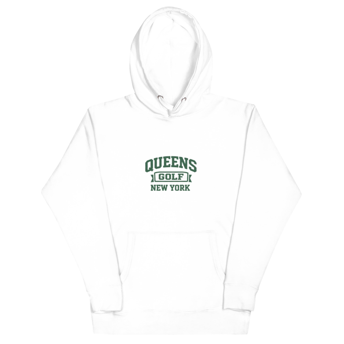 Queens Country Club Collegiate golf hoodie in White with varsity QUEENS GOLF NEW YORK graphic