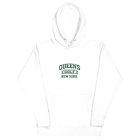Queens Country Club Collegiate golf hoodie in White with varsity QUEENS GOLF NEW YORK graphic