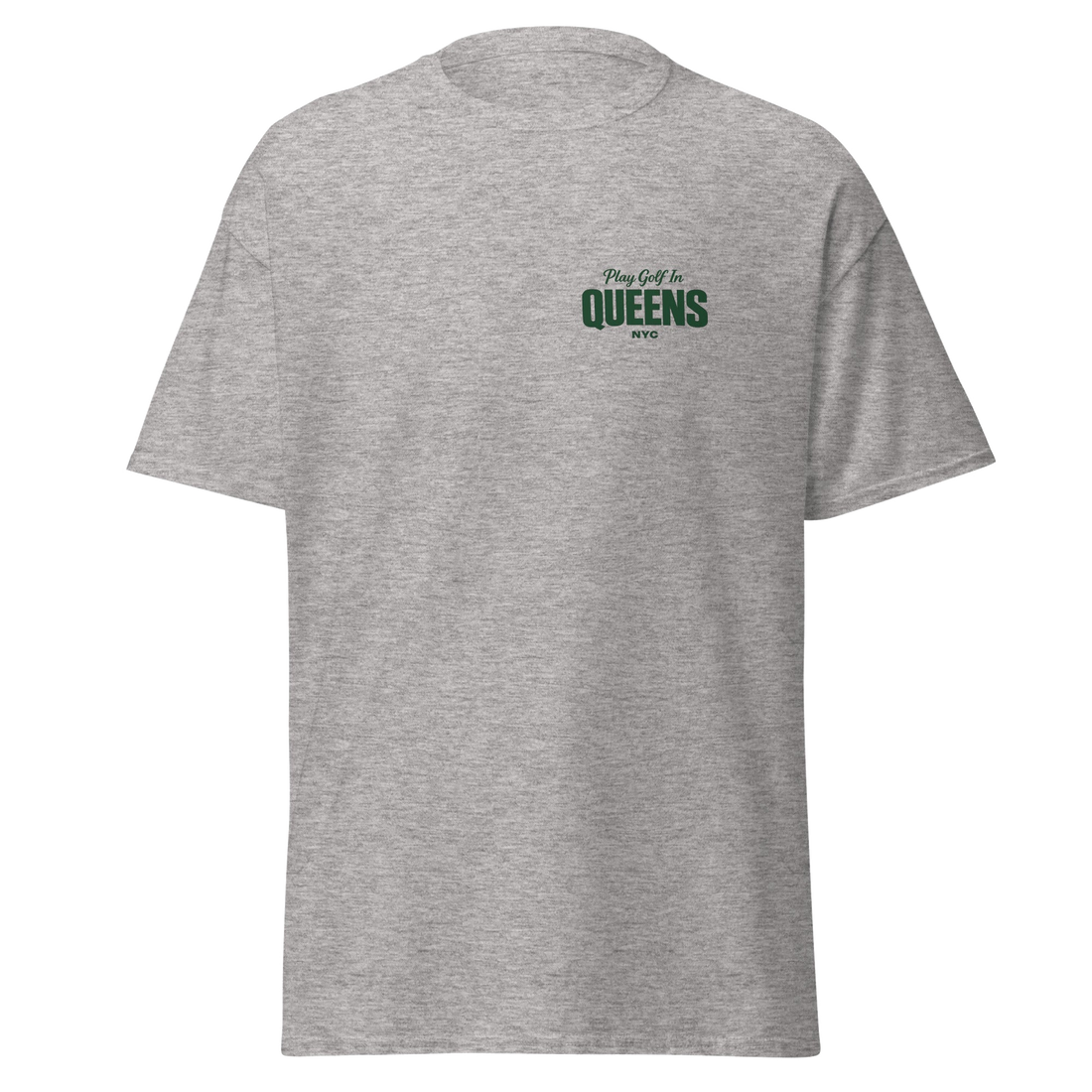 Queens Country Club Golf Society tee in Sport Grey, front view with Play Golf in Queens NYC chest print