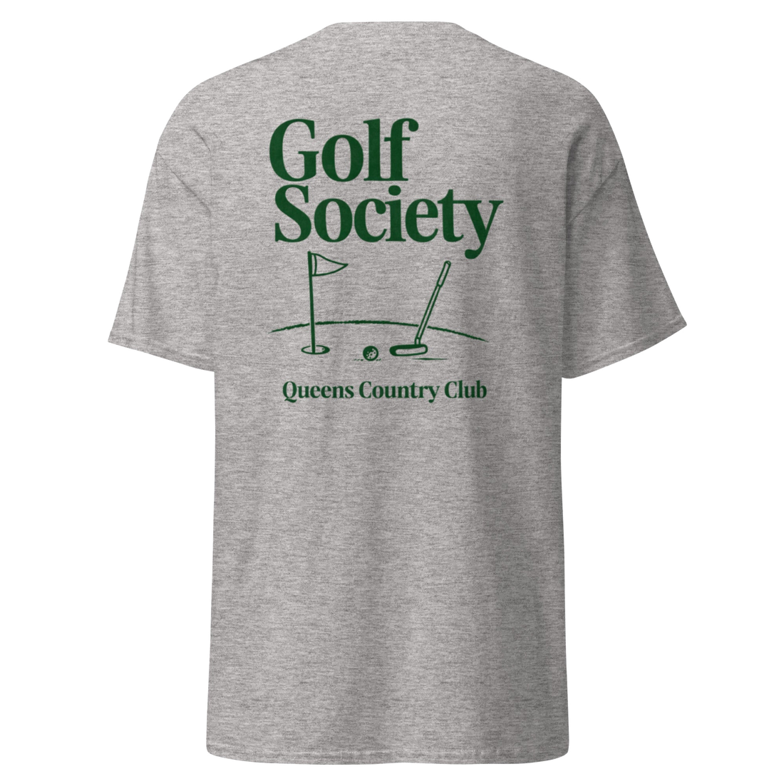 Queens Country Club Golf Society tee in Sport Grey, back view with flagstick and putter graphic
