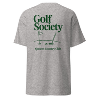 Queens Country Club Golf Society tee in Sport Grey, back view with flagstick and putter graphic