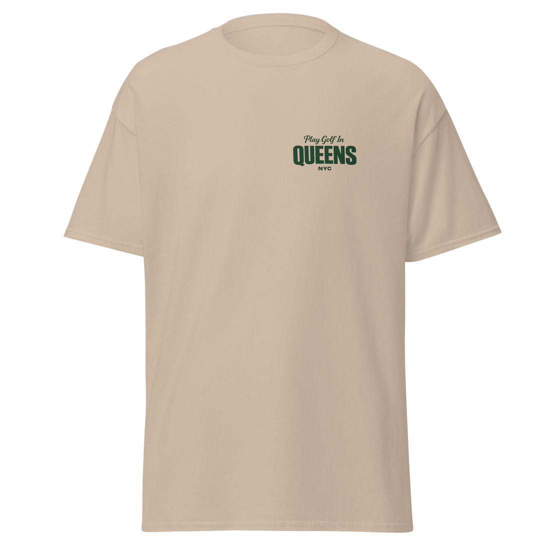 Queens Country Club Golf Society tee in Sand, front view with Play Golf in Queens NYC chest print