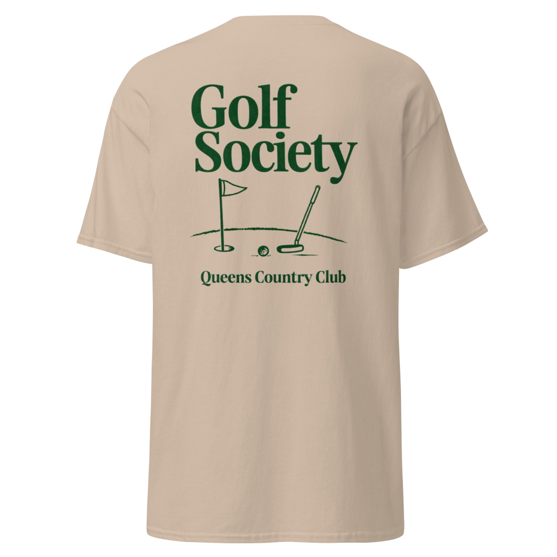 Queens Country Club Golf Society tee in Sand, back view with flagstick and putter graphic