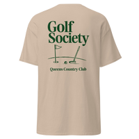 Queens Country Club Golf Society tee in Sand, back view with flagstick and putter graphic