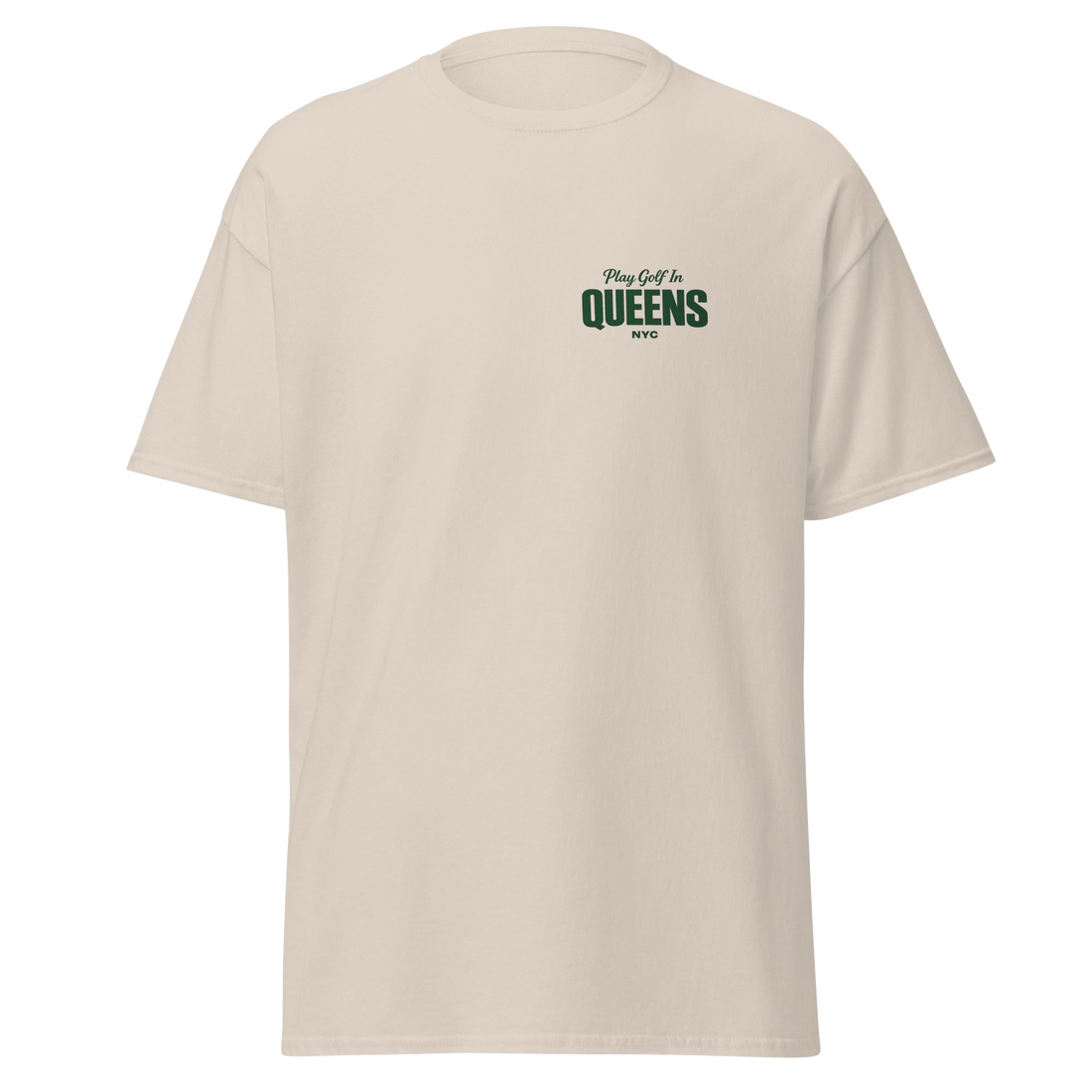 Queens Country Club Golf Society tee in Natural, front view with Play Golf in Queens NYC chest print