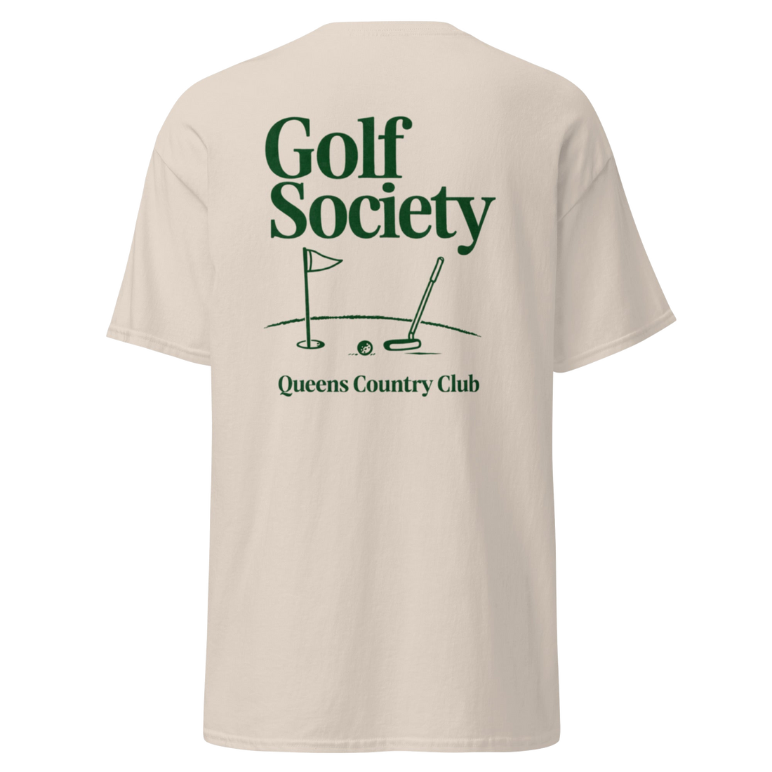 Queens Country Club Golf Society tee in Natural, back view with flagstick and putter graphic