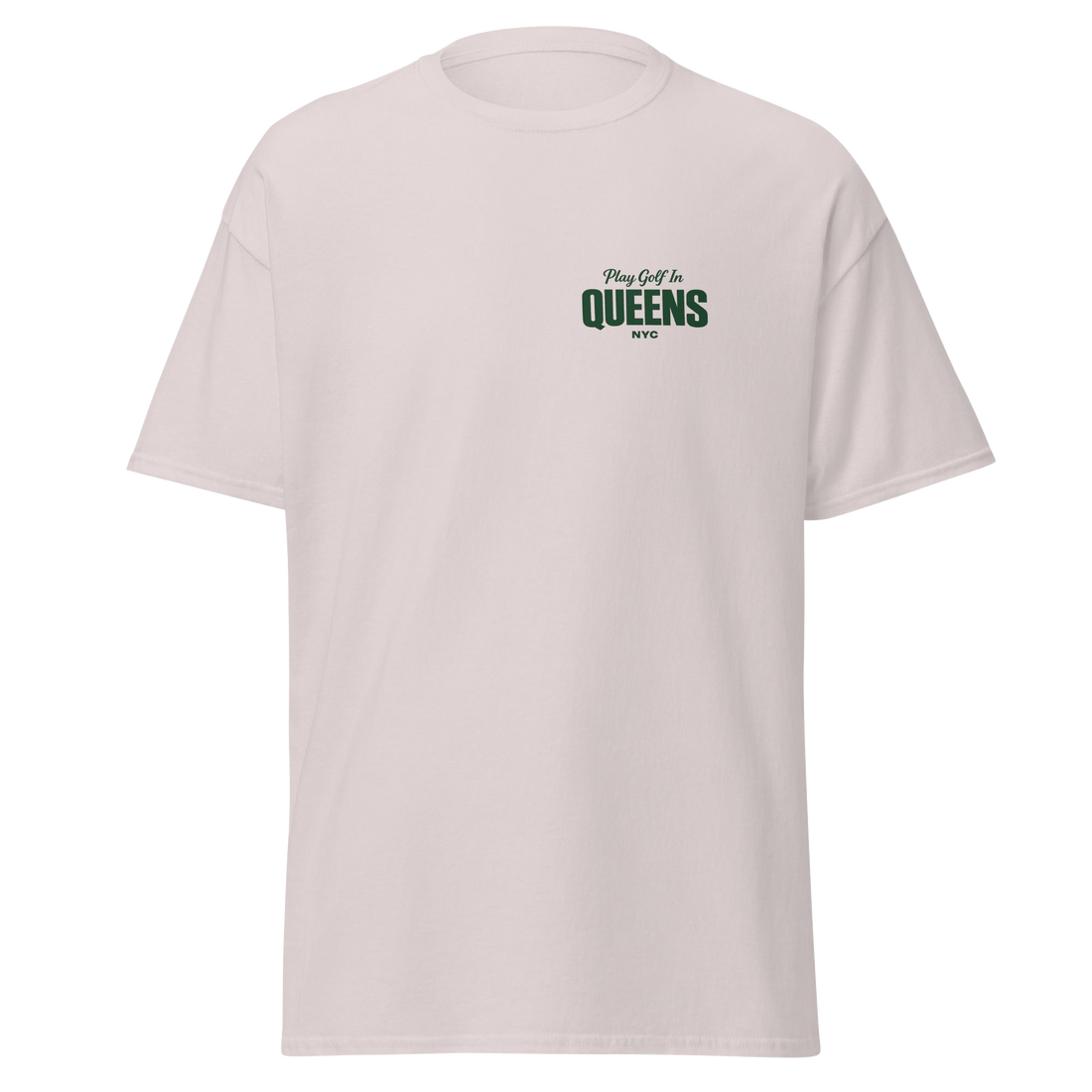 Queens Country Club Golf Society tee in Ice Grey, front view with Play Golf in Queens NYC chest print