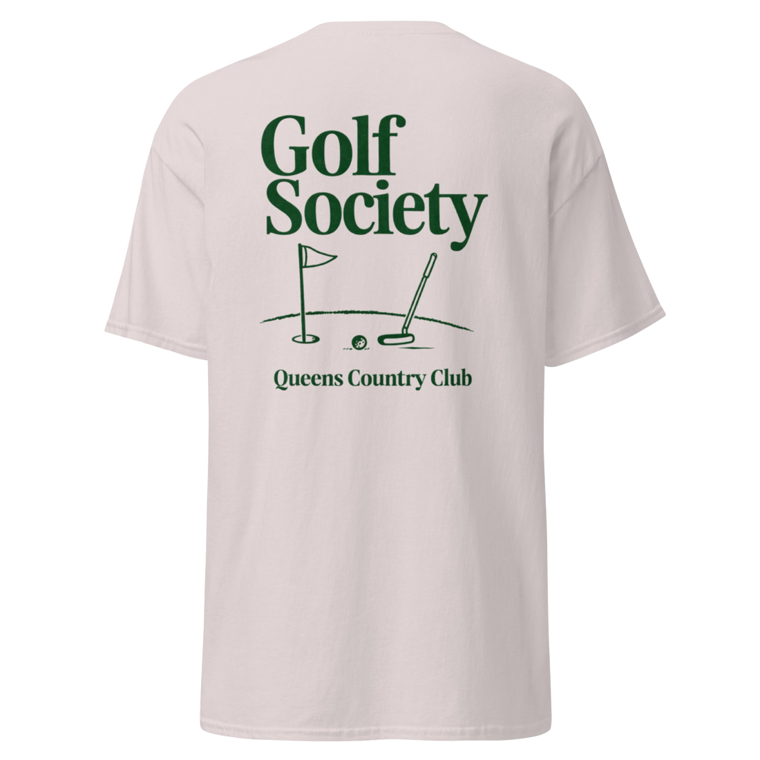 Queens Country Club Golf Society tee in Ice Grey, back view with flagstick and putter graphic