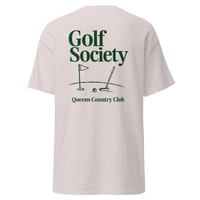 Queens Country Club Golf Society tee in Ice Grey, back view with flagstick and putter graphic