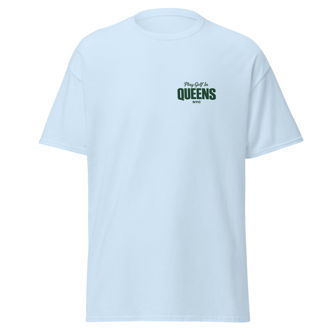 Queens Country Club Golf Society tee in Light Blue, front view with Play Golf in Queens NYC chest print